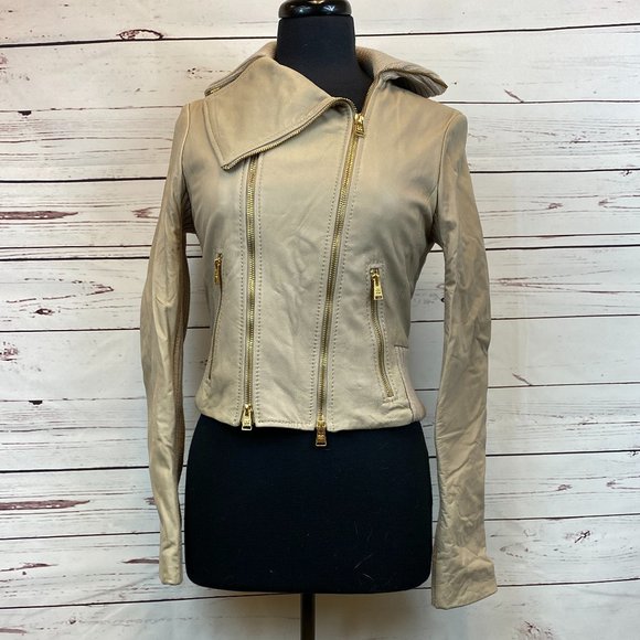 BCBG Maxazria Leather Double Zipper Tan Jacket S